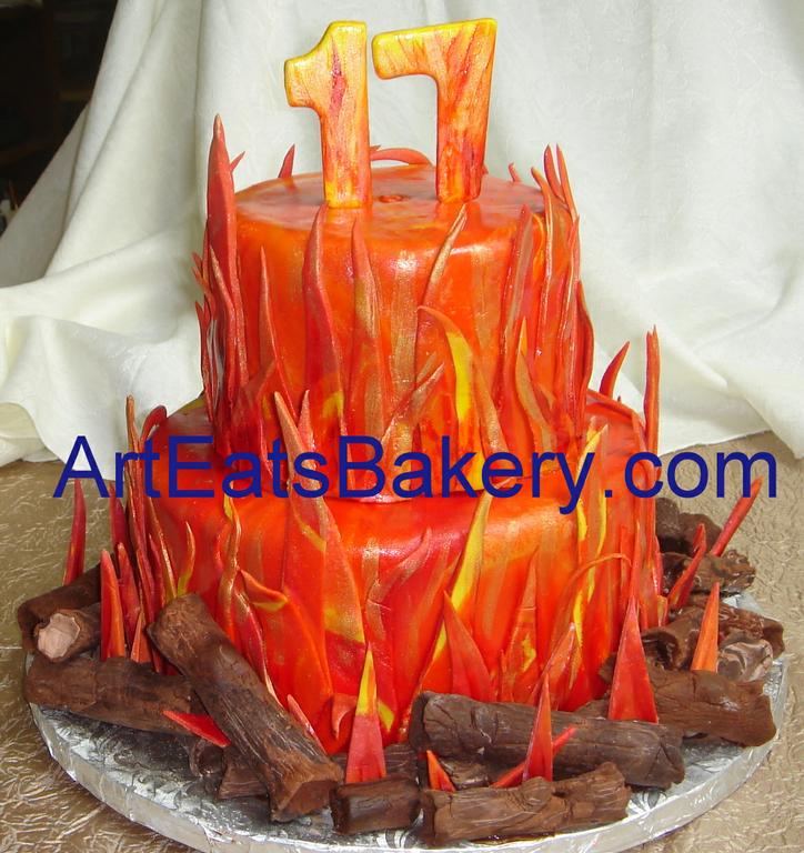 Two tier fondant flames bonfire custom designed birthday cake with